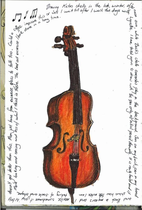 Cello Sketch pen and water colour pencil.  Drawn first with ink.