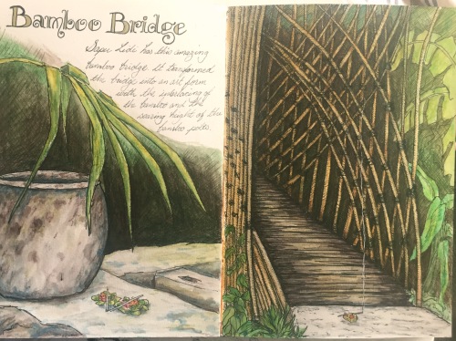 Bamboo bridge and Urn spread. Watercolour and ink Bali Journal 2015